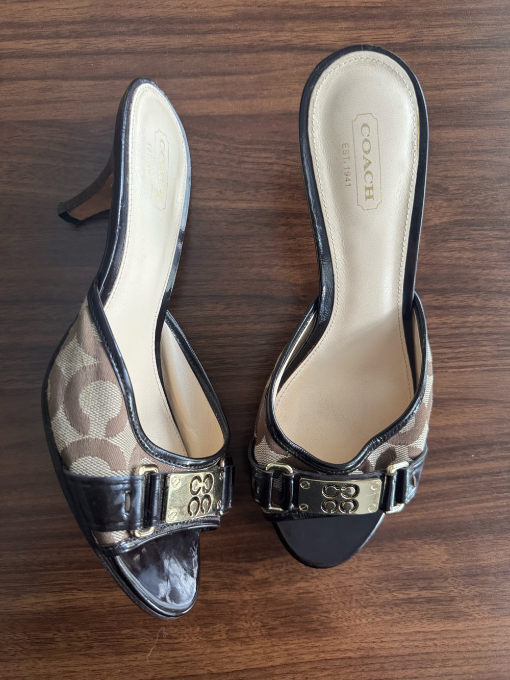 Coach Tan Signature Canvas Open-Toe Heels with Dark Brown Trim
